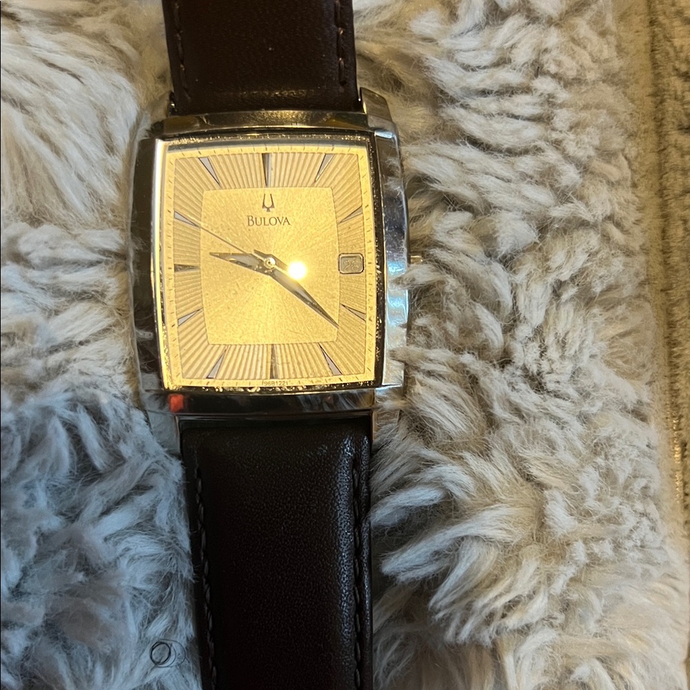 Bulova Gold-Tone Dial with Dark Brown Leather Watch